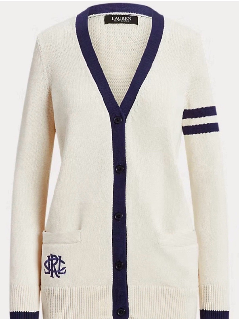 Lauren Ralph Lauren Cream Cardigan Navy Trim Logo Preppy Knit Sweater XS